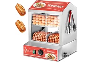 Hot Dog Steamer 28.5QT, FOHERE 2-Tier Hot Dog Machine with Bun Warmer, 175 Hot Dogs & 40 Buns Capacity, Electric Hot Dog Bun Warmer with Visible Glass Sliding Door & Clip, 86℉-185℉ Temperature Control