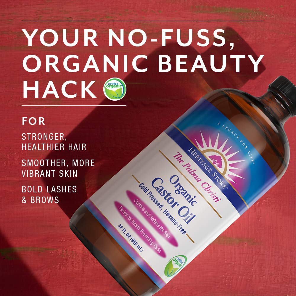 Heritage Store Organic Castor Oil, Cold Pressed | Rich Hydration for Hair & Skin, Bold Lashes & Brows, Hexane Free, 32oz : Massage Oils : Beauty