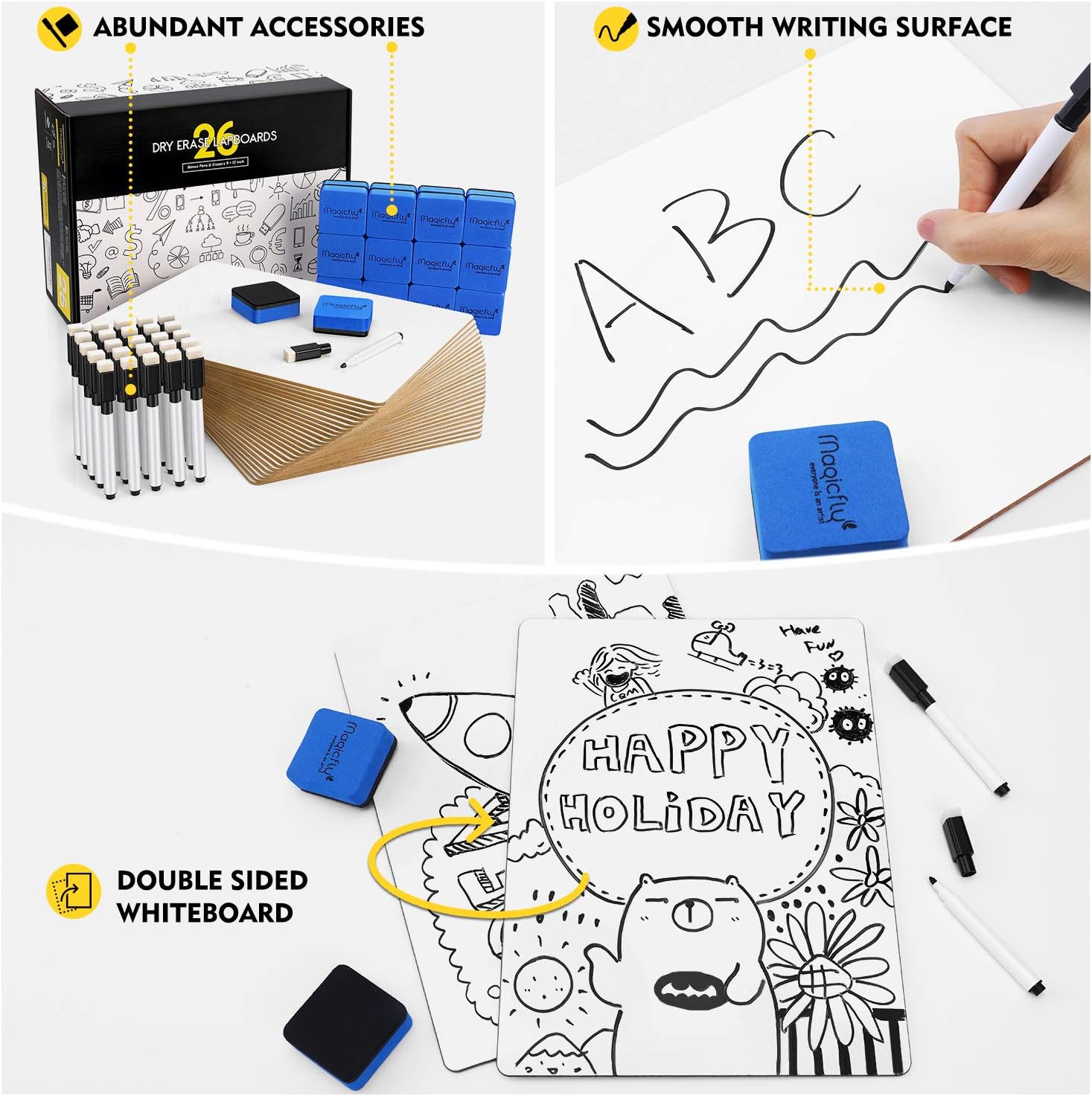 Dry Erase Lap Boards Double-Sided for Classroom, Pack of 26, Magicfly 9 x 12 Inches Small Lap Board Portable Classroom Whiteboard with 32 Pens and 26 Erasers for Students, Kids : Office Products