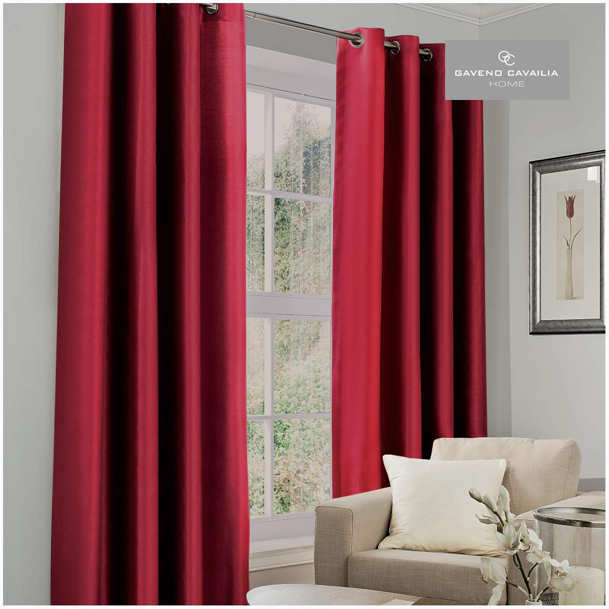 Gaveno Cavailia Luxury Thermal Fully Lined Pair of Eyelet BLACK OUT CURTAINS Deep Red 66x54 In