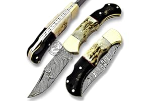 KNIFE KNATION Stag Horn & Buffalo Horn 6.5'' 100% Handmade Damascus Steel Folding Pocket Knife 100% Prime Quality