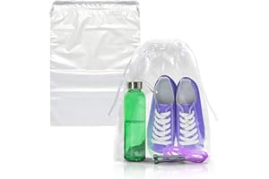 PUREVACY Clear Drawstring Bag, 9 x 12 Inches. 50 Pack Clear Plastic Drawstring Bags. 2 Mil Double Drawstring Clear Bags. Waterproof Bags for Goodies, Travel Essentials, Shoe Organizer Bags