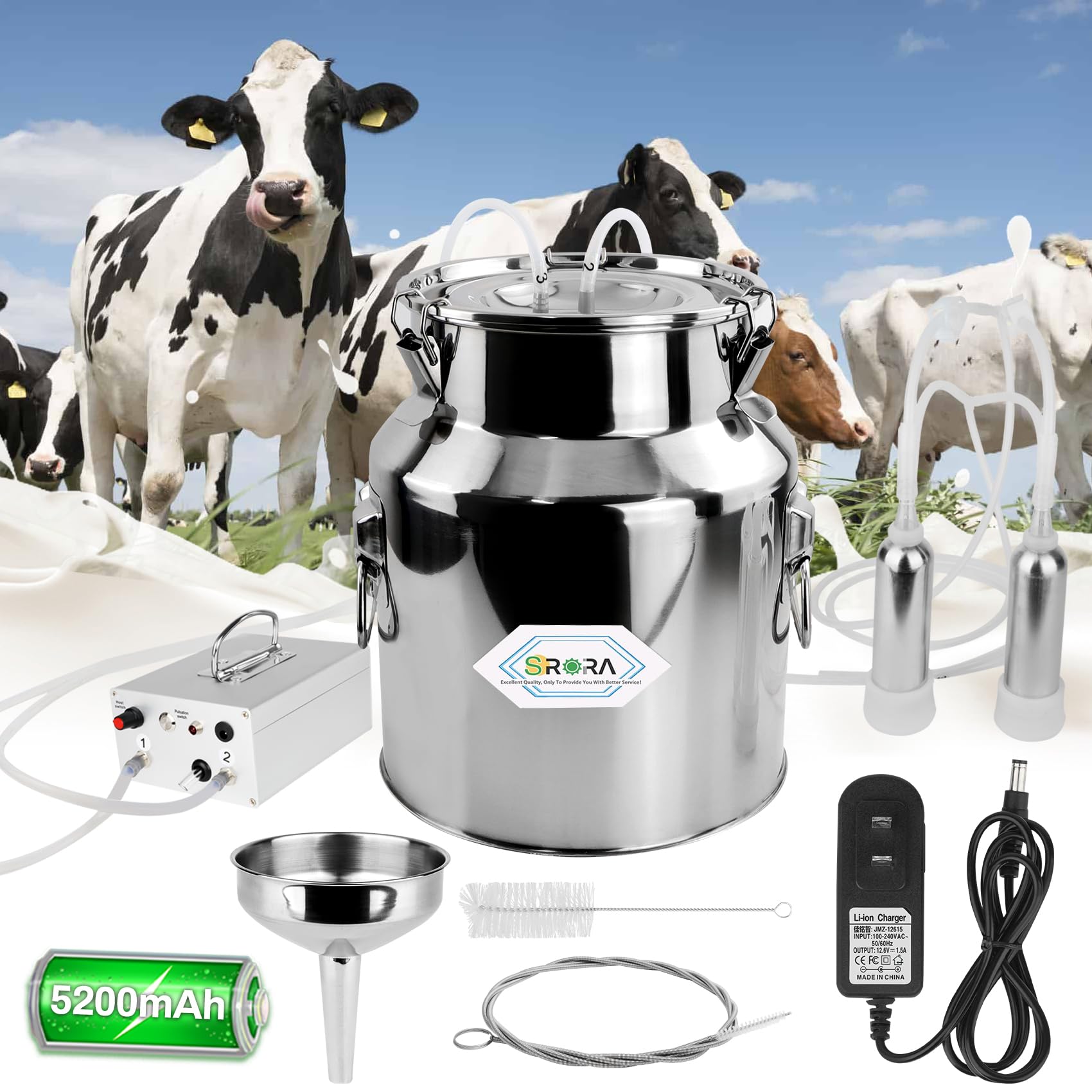Photo 1 of 14L Cow Milking Machine, Rechargeable Battery Adjustable Pulse Vacuum Electric Cow Milking Machine,Portable Milking Machine,Individual Pulsation Adjustment, Udder Protection