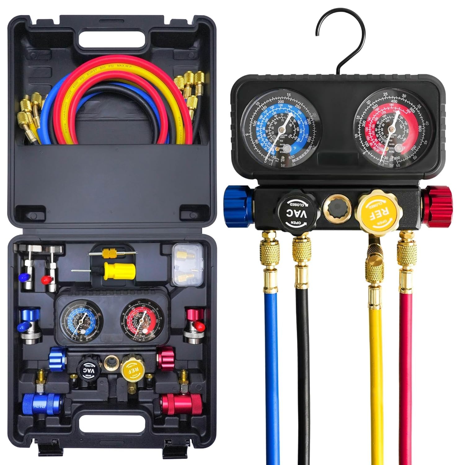 calpose r1234yf ac gauge set, 4 way ac manifold gauge set for r1234yf r134a r404a refrigerant, 4 val