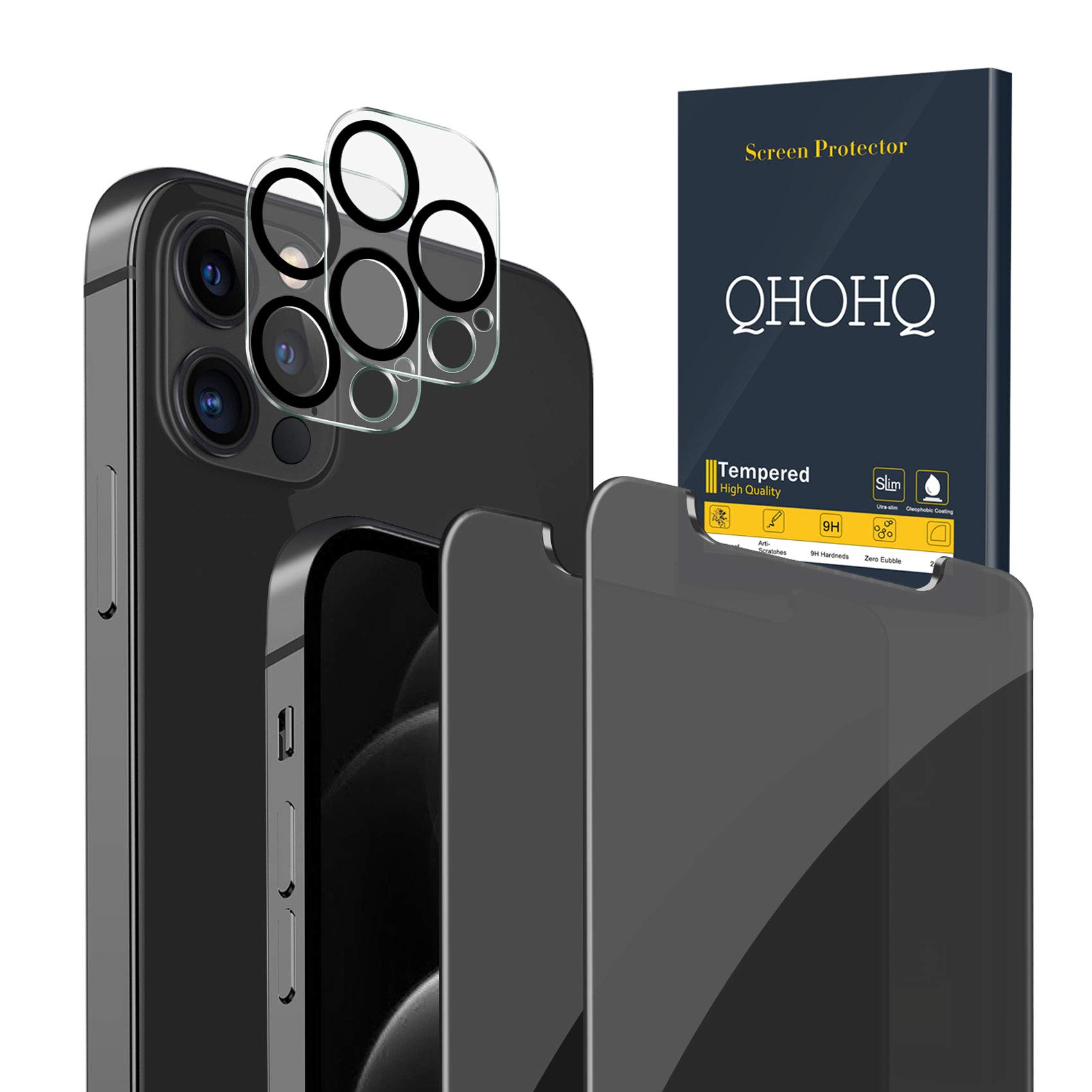 Photo 1 of QHOHQ 2 Pack Privacy Screen Protector for iPhone 12 Pro 6.1" with 2 Packs Camera Lens Protector,Full Screen Tempered Glass Film,9H Hardness Anti-Shatter, Anti Spy, Touch Sensitive - Case Friendly
