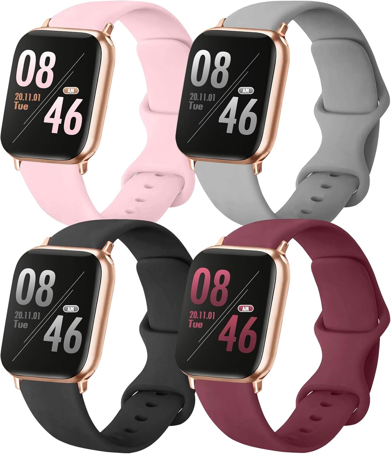 Brigtlaiff Pack 4 Compatible with Apple Watch Bands 38mm 40mm 42mm 44mm, Soft Silicone Replacement Band for iWatch Series SE/6/5/4/3/2/1 (PinkSand/Gray/Black/WineRed, 38mm/40mm-S/M)