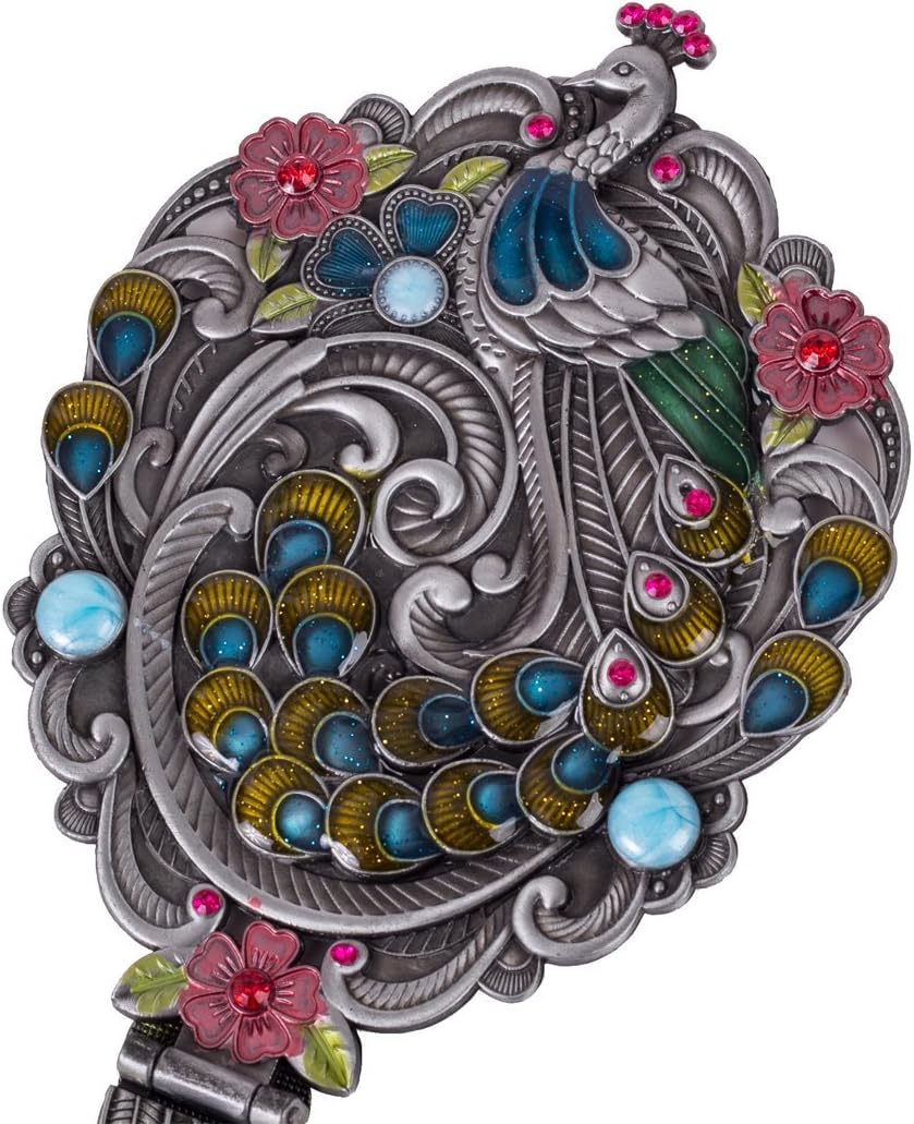 Moiom Vintage Style Foldable Oval Peacock Pattern Makeup Hand/Table Mirror (Antique Silver): Home & Kitchen