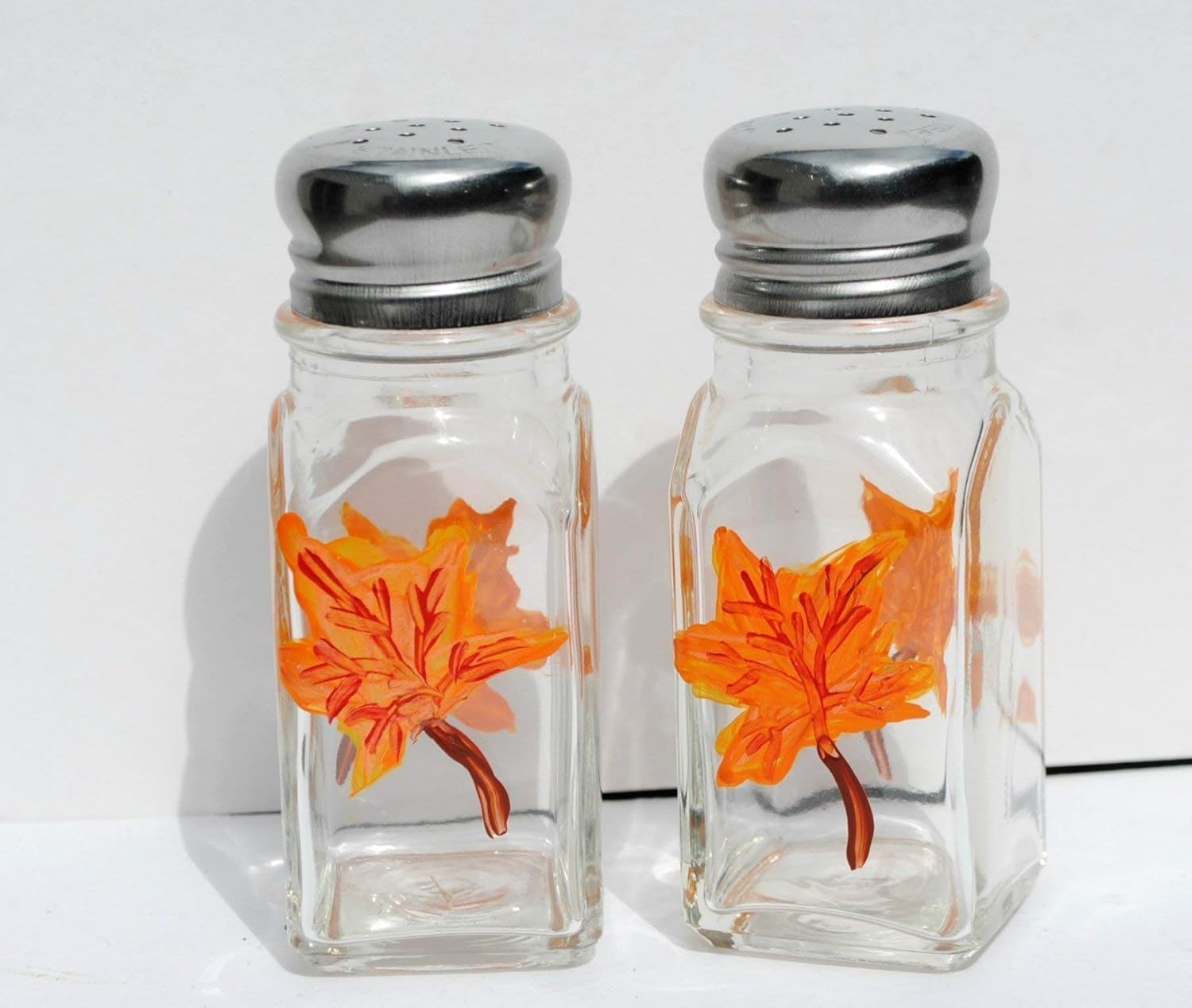 Autumn Orange Maple Leaf Fall Glass Salt and Pepper Shakers