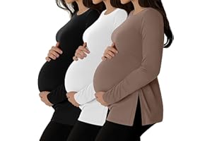 Riyiper 3 Pack Women's Maternity Shirts Split Side Crew Neck Pregnancy Tee Tops Long Sleeve Loose Fit Casual Mama Clothes