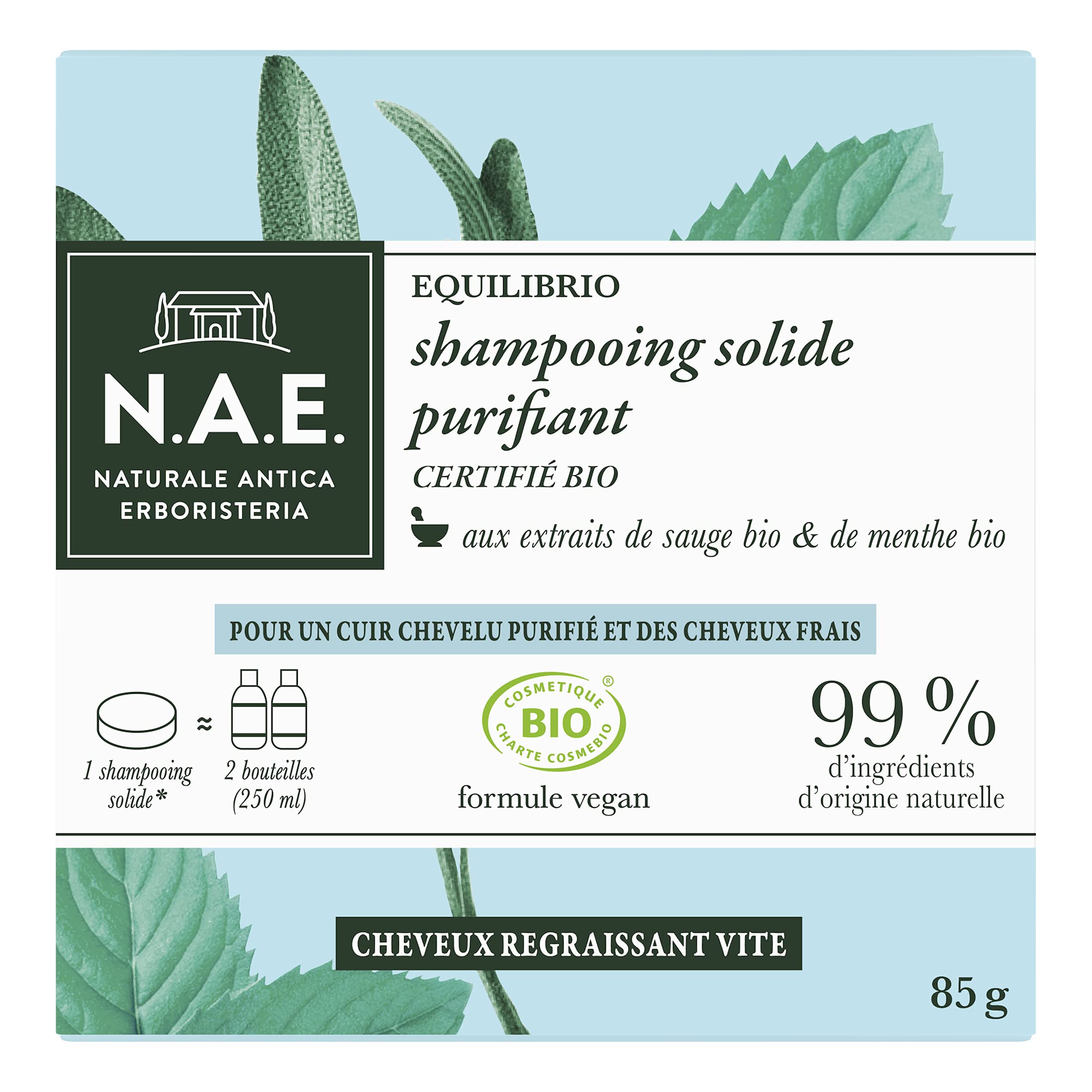 N.A.E. Solid Shampoo Certified Organic Purifying for Greasy Hair 85 g