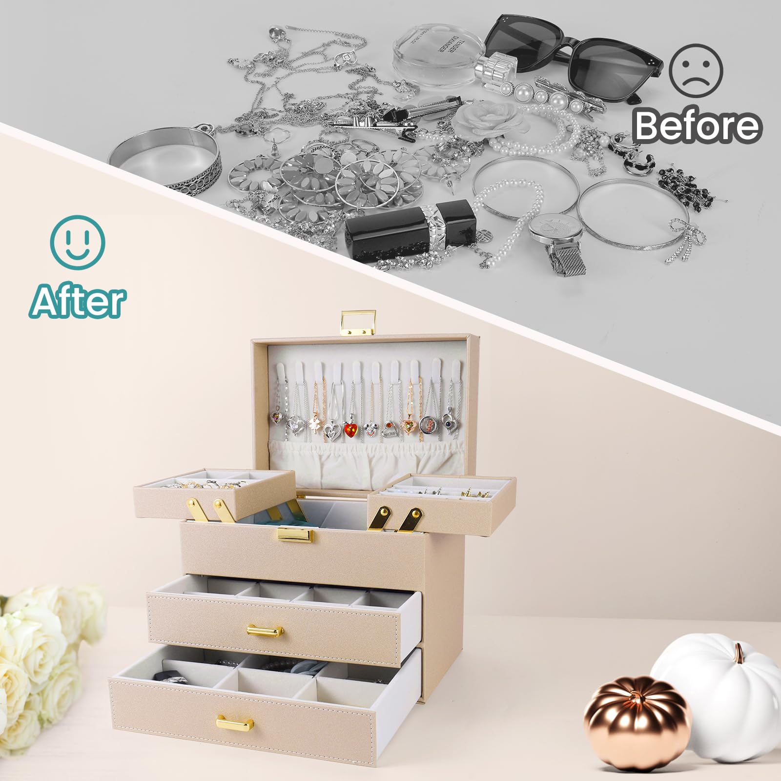 Dajasan Dajasan Jewelry Organizer Box, Jewelry Holder Organizer Box, PU Leather Jewelry Box, Gift Idea for Valentine's Day, Birthday, Mother's Day, Christmas (Champagne)
