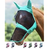Harrison Howard CareMaster Pro Luminous Horse Fly Mask Large Eye Space Long Nose with Ears UV Protection for Horse Summer Mint Full Size