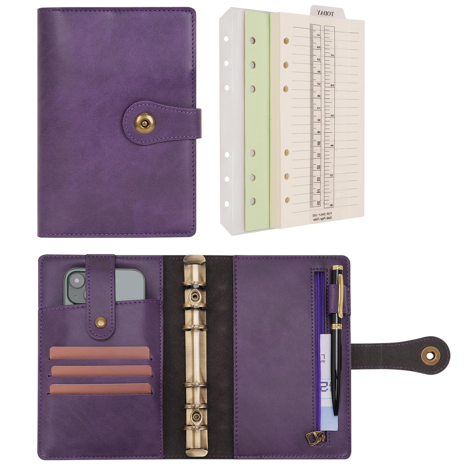 Wonderpool A6 Binder Travel Diary Journal Notebook, College Ruled Paper Refillable, Leather Budget Binder Rings Organizer with Pen for Office School Business Planning Writing (Purple, A6)