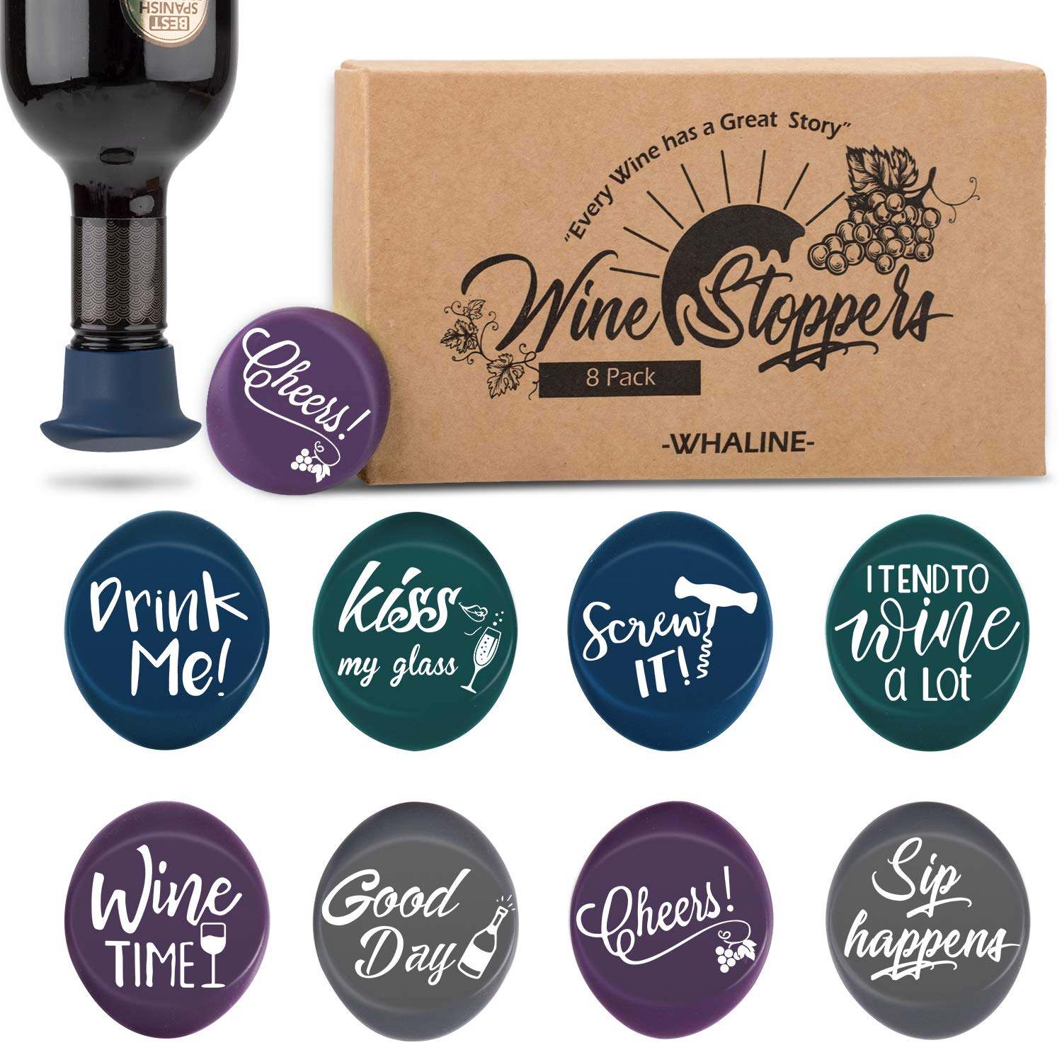 Whaline 8 Pack Wine Bottle Stoppers and Gift Box, Funny Silicone Reusable Caps Bottle Sealers with a Funny Saying for Wine Beverage and Beer Bottles