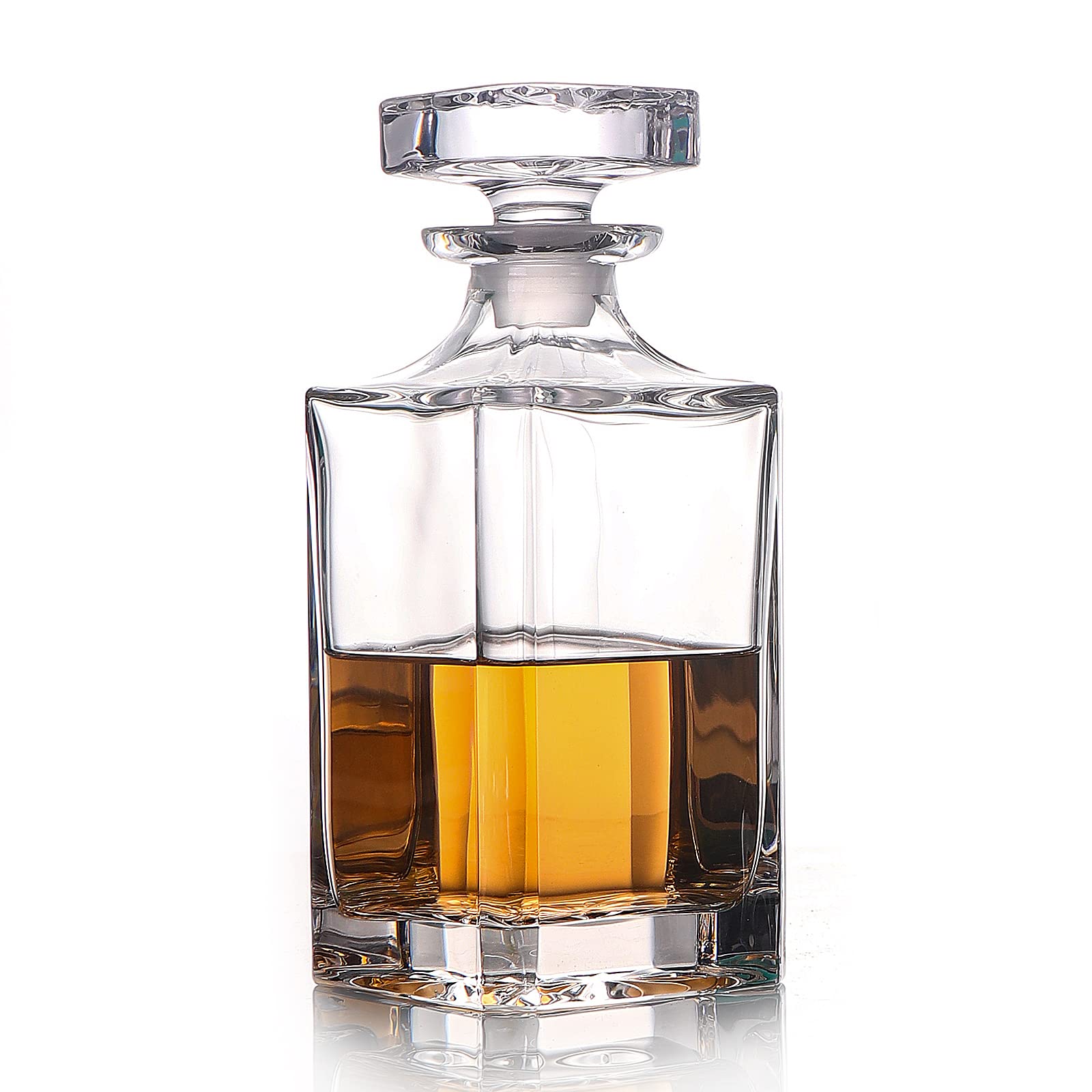 Glass Decanter with Airtight Geometric Stopper - Whiskey Decanter for Wine, Bourbon, Brandy, Liquor, Juice, Water, Mouthwash. Italian Lead- Glass (25.97 oz/768ml)