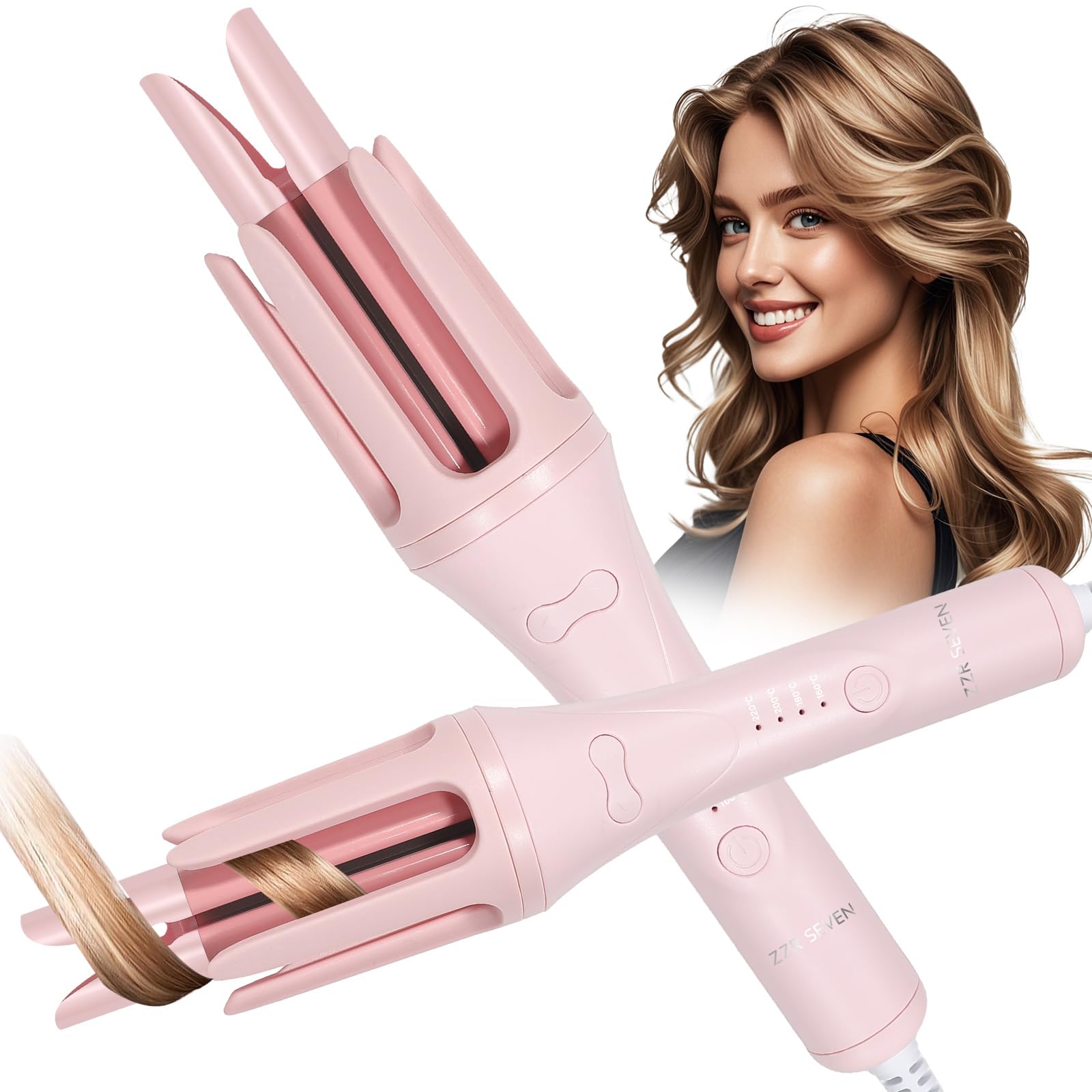 Photo 1 of ZZR SEVEN Automatic Rotating Curling Iron, Hair Crimper, Curling Wand, with 4 Temp., Ceramic Coating, Anti-Scald, Anti-Tangle Hair Curlers for Different Hair Types, Dual Voltage for Travel (Pink)