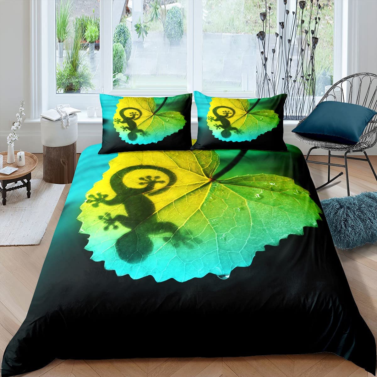 Homemissing Gecko Duvet Cover 3D Animal Bedding Set Green Leaf Comforter Cover for Boys Girls Child Teens Nature Bedding & Linen Single Size