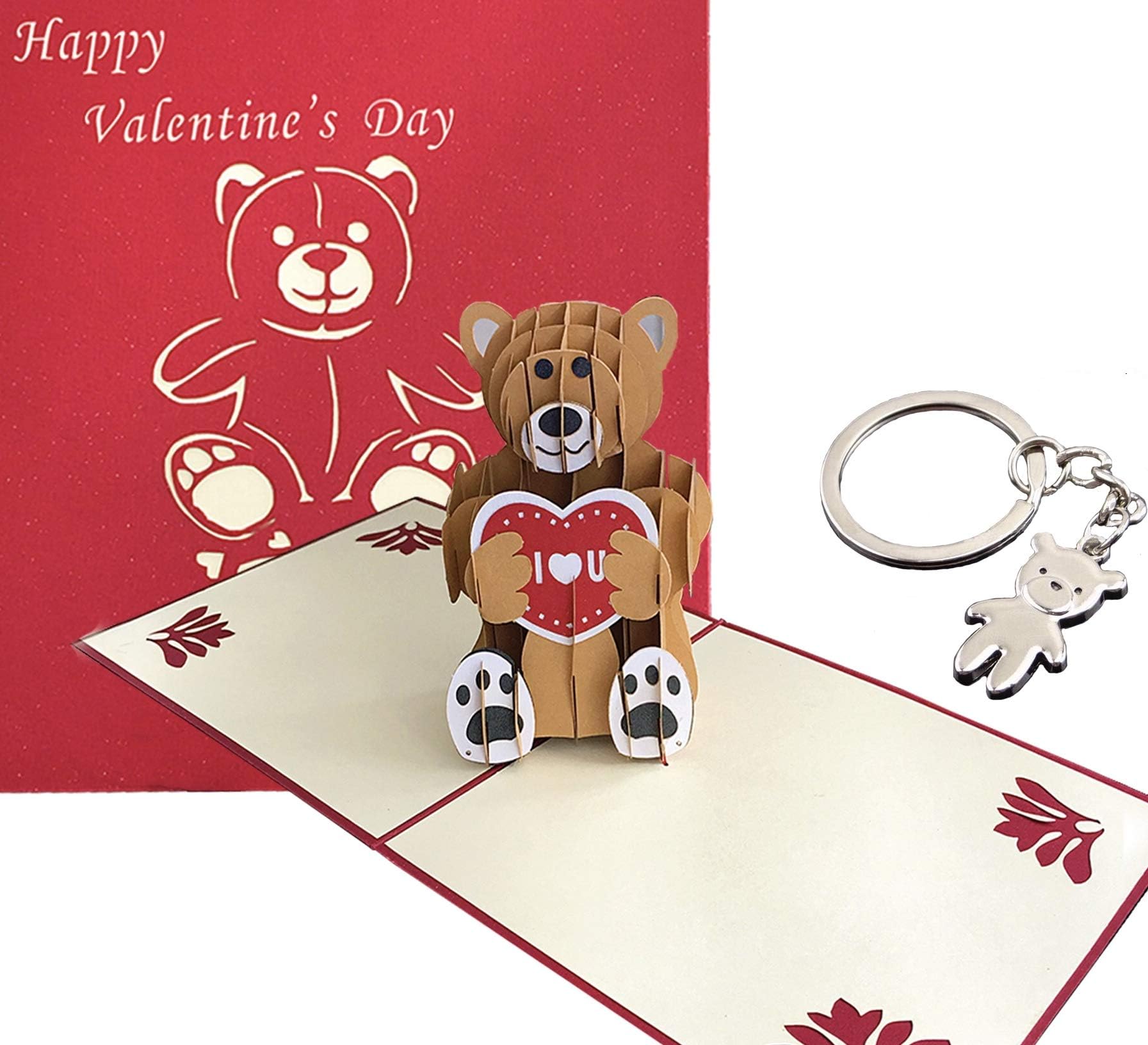 3D Happy Valentine’s Day Card Bear w/Silver Keychain (Cute Bear) Pop Up Novelty Decor for Friends, Spouses, Boyfriends, Girlfriends | Premium Cardstock | Valentines Day card | 3D Pop Up Card Love You