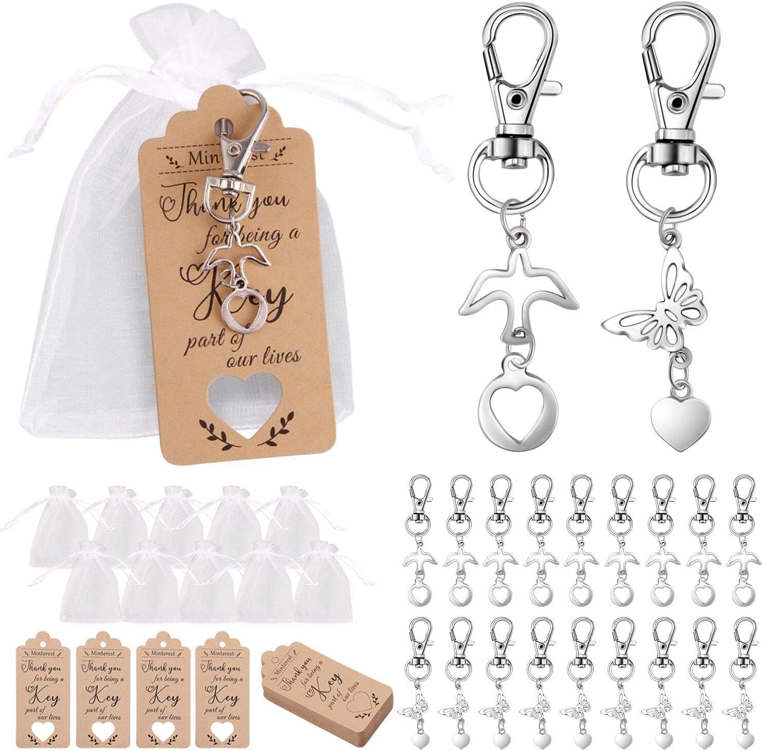 Minterest 30Pcs Baby Shower Gifts Ideas, Wedding Decorations Favors Souvenir Keychain Gift Set, Antique Butterfly Pigeon Keychain + Kraft Thank You Tag + Drawstring Candy Bag for Guests