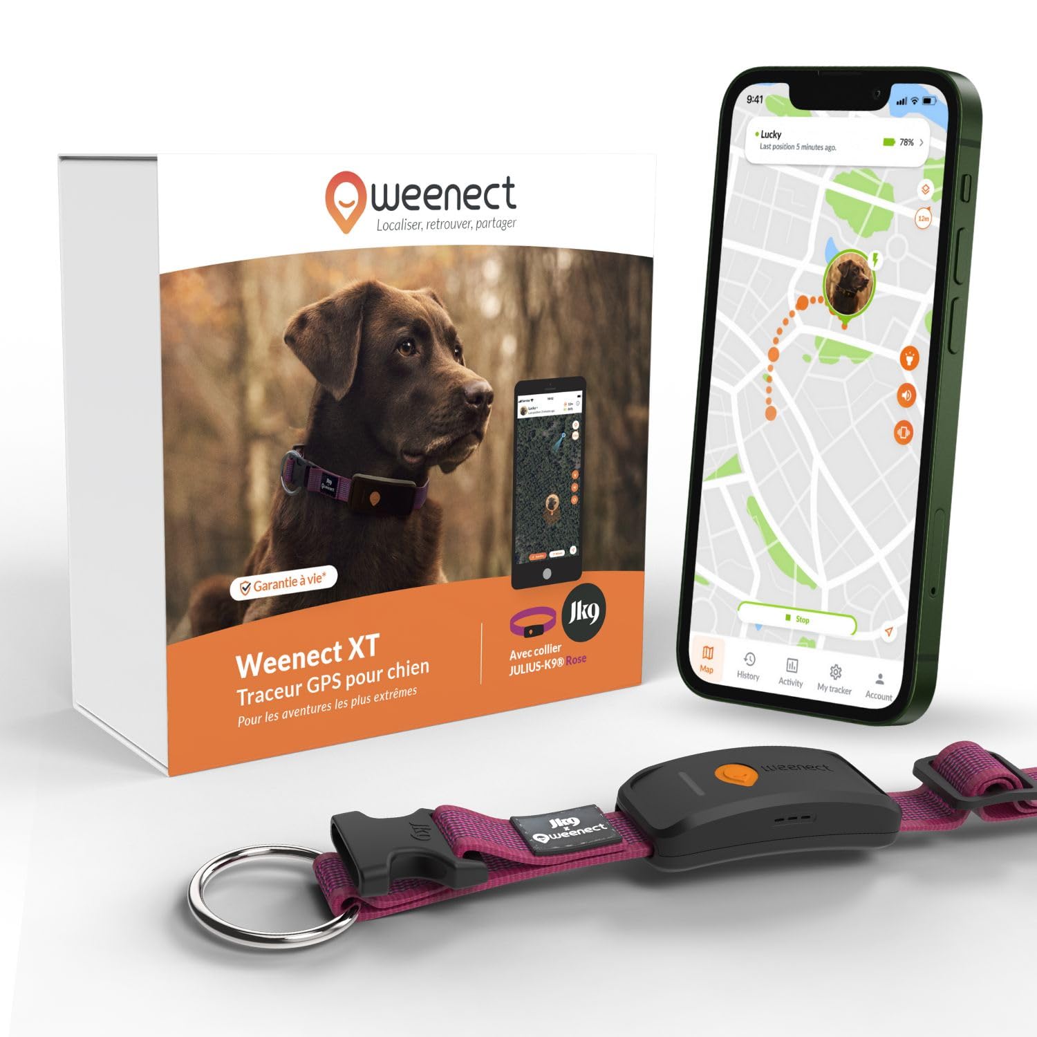 Weenect Chien XT - Nouveau Collier GPS pour Chien | Antenne XL | Etanche | Collier Hyper résistant intégré Julius-K9 | Garantie à Vie | Abonnement requis (Rose)