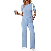 Ekouaer Lounge Sets for Women 2 Piece Matching Travel Outfits 2026 Loose Short Sleeve Top Wide Leg Pants Pockets