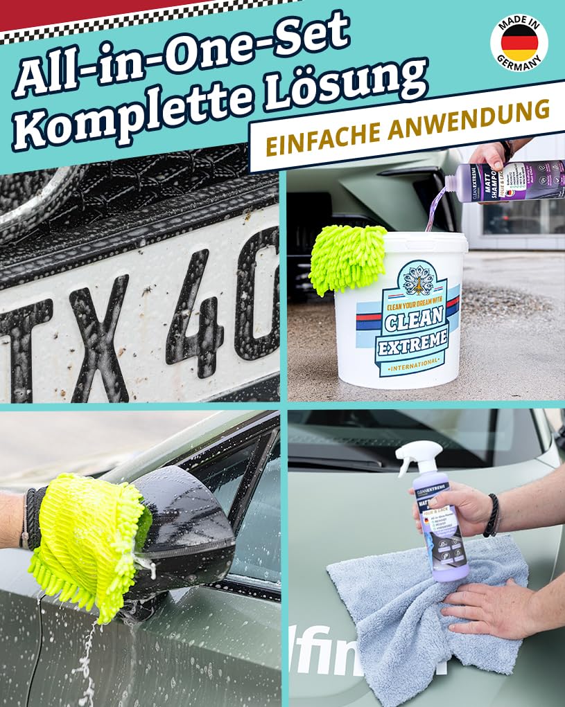 CLEANEXTREME Autowäsche Set Base für Mattlack & Matt-Folie | Autoshampoo Felgenreiniger Insektenentferner Auto-Detailer & Wascheimer mit Deckel 7