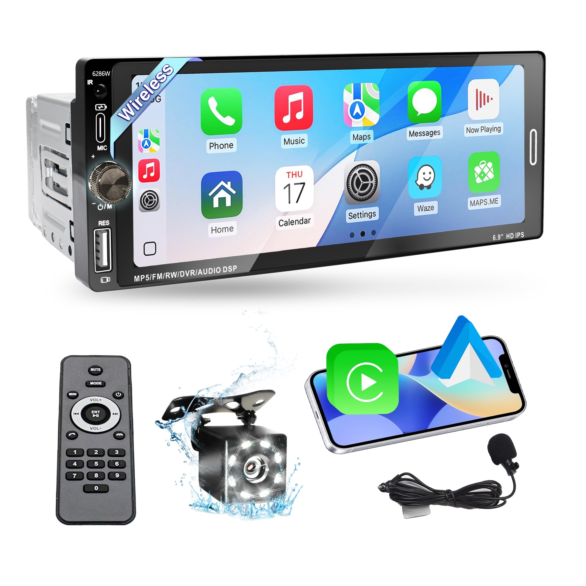 Photo 1 of 6.9 in Wireless Carplay Single Din Car Stereo, HD IPS Touchscreen Car Radio, Car Stereo with Bluetooth 5.0,Mirror Link,FM,EQ,USB/Type-C,MIC, Waterproof Night Version Backup Camera, Android Auto