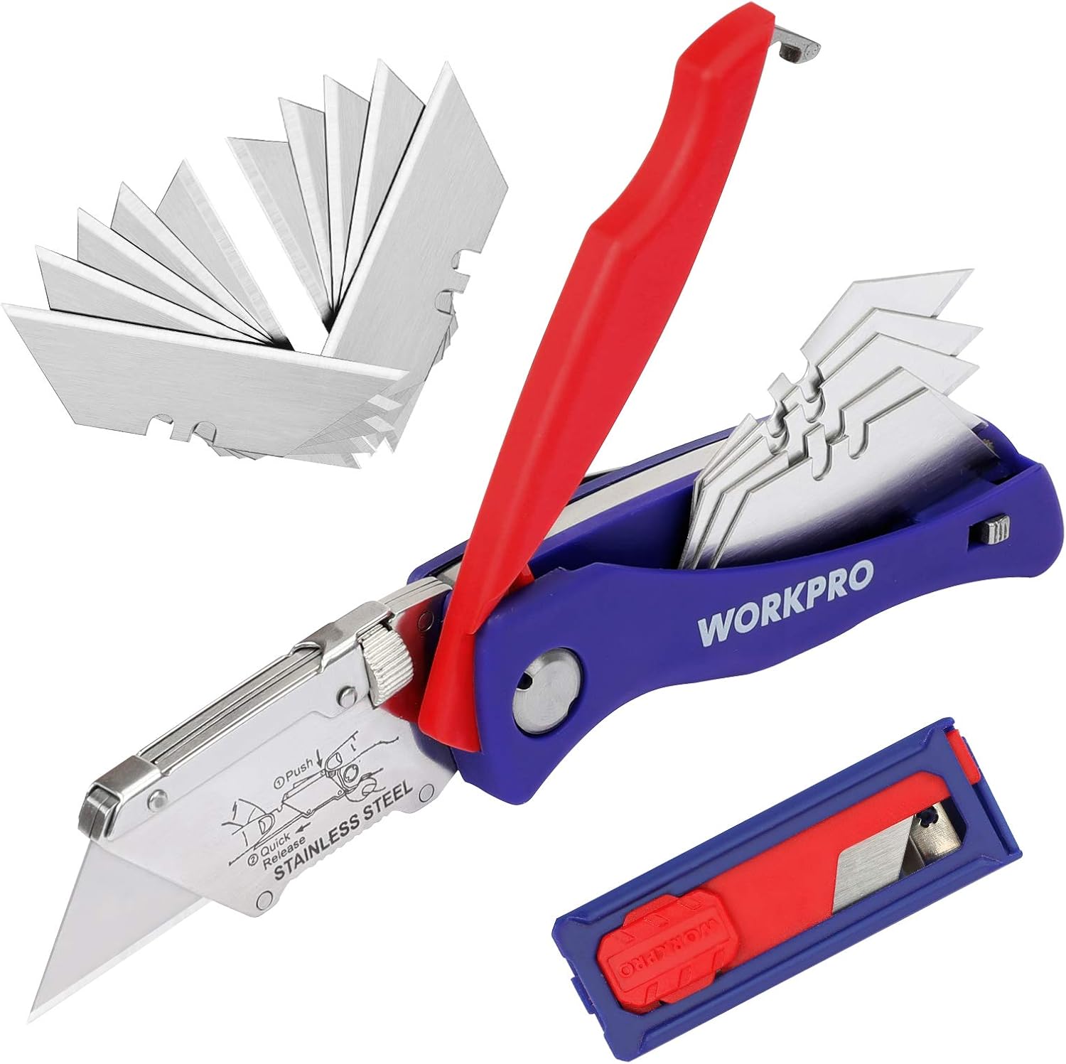 WORKPRO Folding Utility Knife Quick-change Box Cutter, 15 Blades Included, 5 Blades in Handle and 10 Extra Blades in Small Box, SK5 Blades, 1-Pack - - 