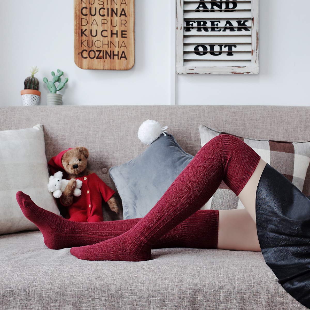 Hippih Womens Spring Over Knee Leg Warmer Crochet Thigh High Boot Socks Girls Leggings(Wine Red)