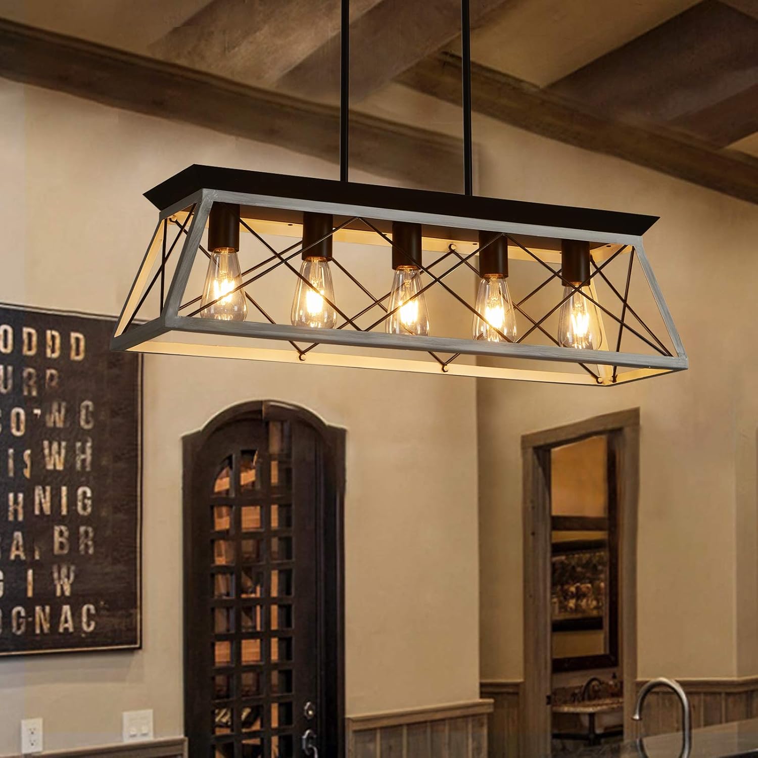 5-Light Farmhouse Kitchen Island Chandelier, Metal Linear Island Pendant Light Fixtures in White Finish for Dining, Living Room, Bar, Restaurants (White, 5-Light) - - 