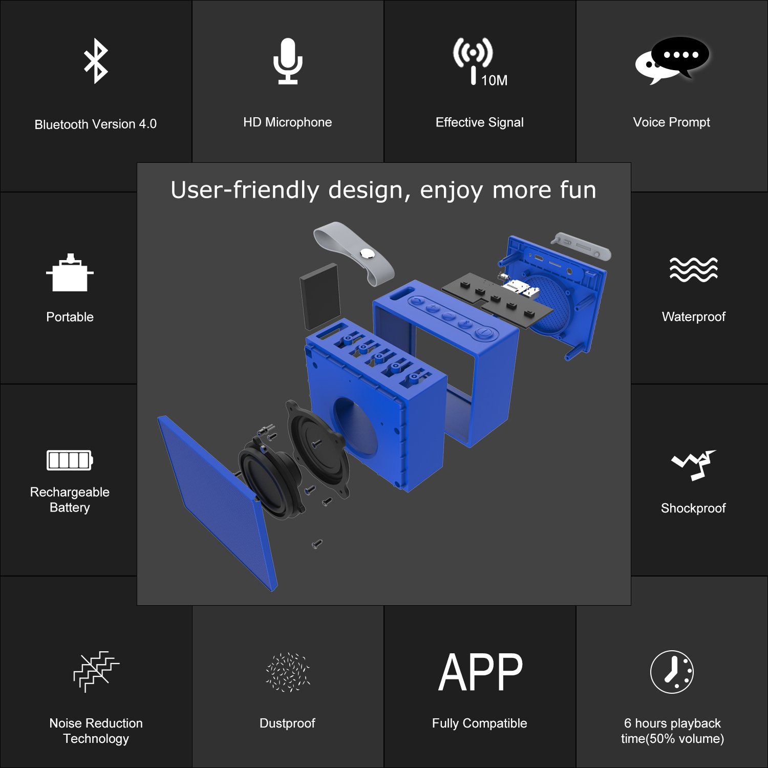 LOBKIN Portable Wireless Bluetooth Speaker with 5W Audio Driver,IPX6 Water Resistant Outdoor Bluetooth V4.1 HiFi Speaker with Enhanced Bass,8 Hours Playing Time,for Outdoor& Indoor (Blue)