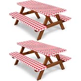 HNPSTBNO Picnic Table and Bench Cover Set, Red Checked, 8FT, 2 Pack | Waterproof &amp; Stain Resistant, 2 Table Covers + 4 Bench Covers, with Elastic Edges, for Outdoor Camping BBQ Picnic