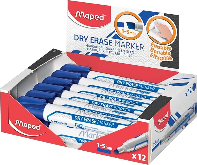 Maped trocken abwischbare Marker, Blau, 12 x 1,0 mm breite Keilspitze