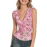 OYOANGLE Women's Floral Print V Neck Mesh Tank Top Frill Trim Sleeveless Summer Going Out Tops