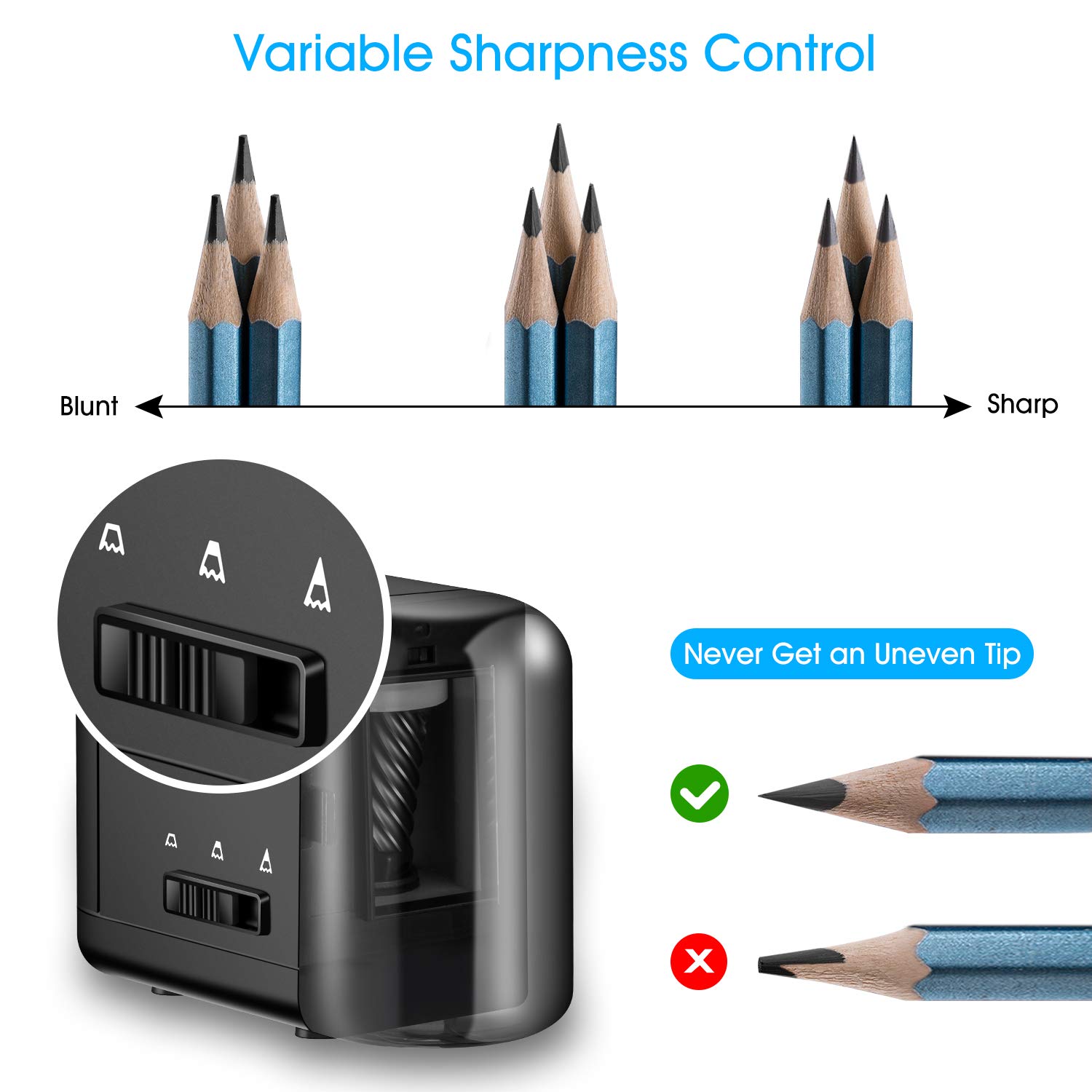Tobeape Electric Pencil Sharpener, Heavy-duty Helical Blade, Variable Sharpness Control for 6.5-8mm Diameter Pencils, USB or AC or 4 AA Batteries Operated in Classroom Office Home