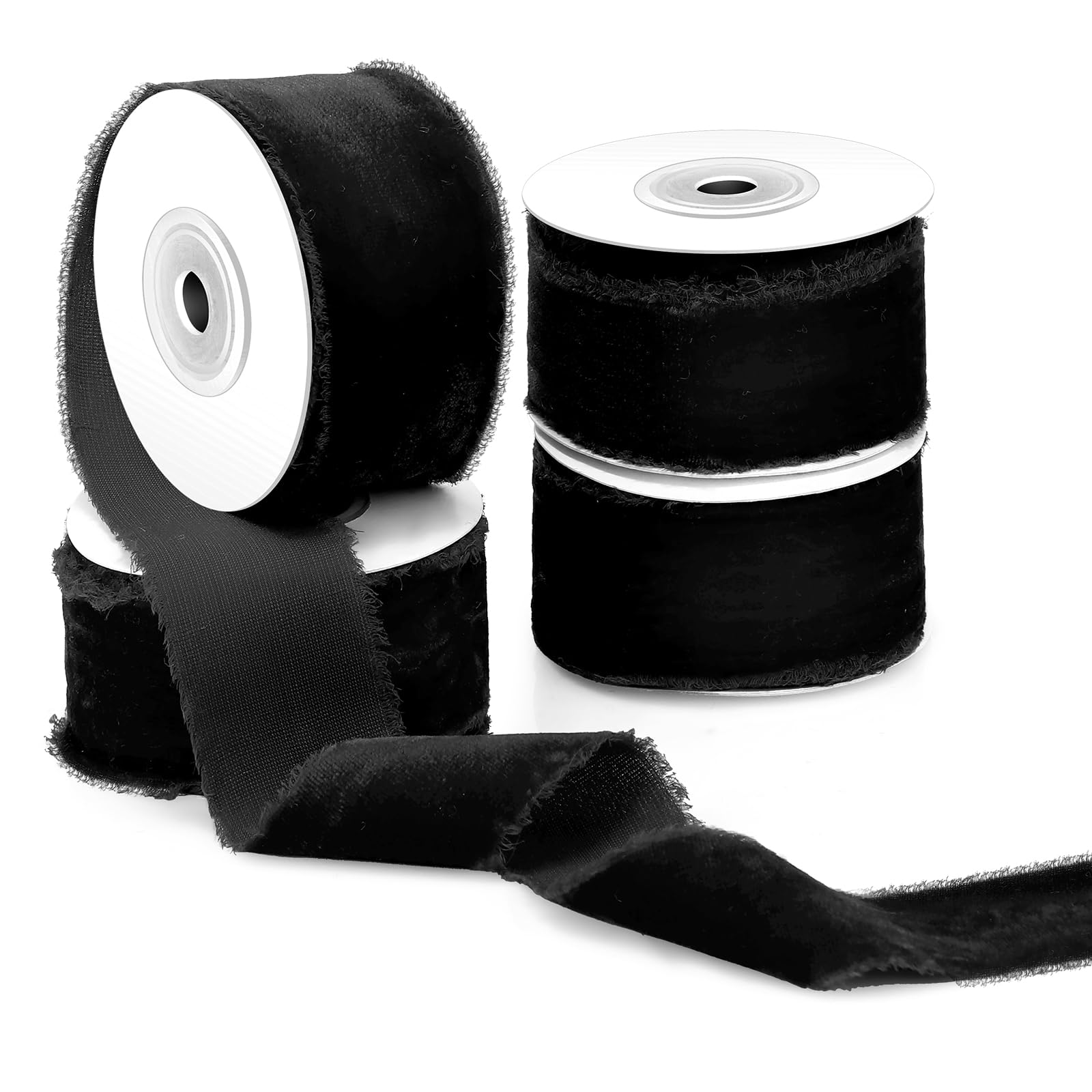 Photo 1 of Preboun 4 Rolls Velvet Ribbon for Gift Wrapping 24 Yards Total Frayed Edge Velvet Silk Ribbon for Wedding Baby Shower DIY Crafts Decor(Black,1.5 Inch)