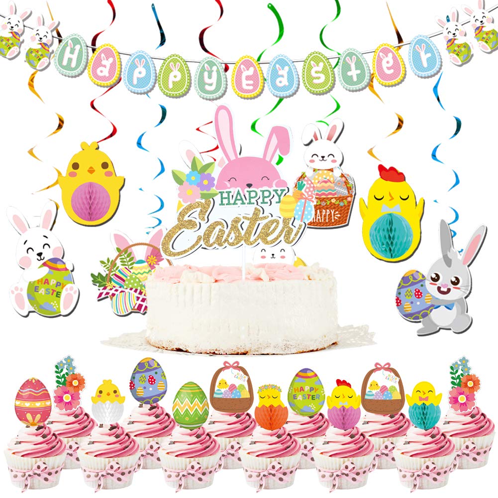 Happy Easter Banner,Hanging Swirl Decorations Cake Topper Multicolor Bunny Egg Ornaments for Easter Party Favors Supplies