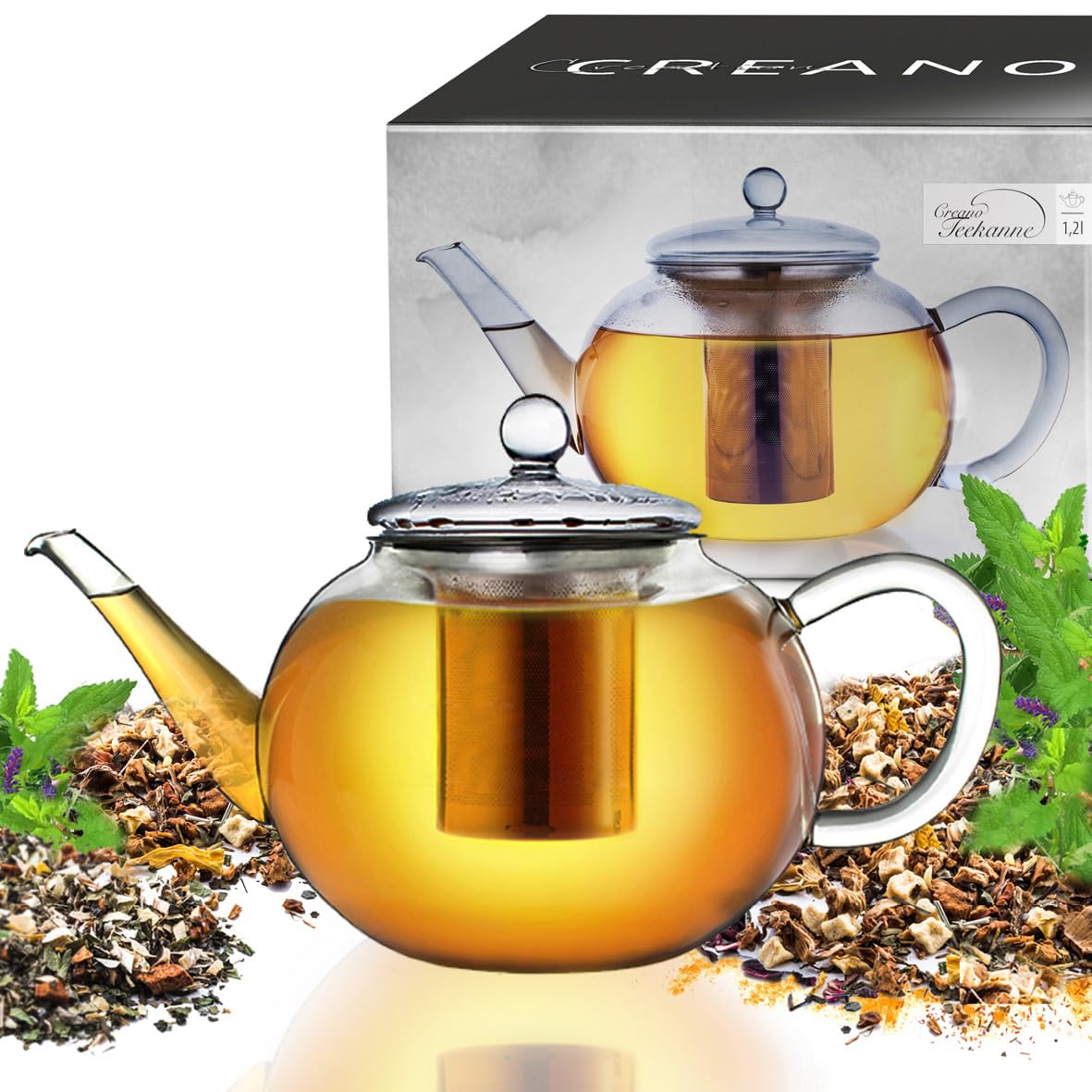 Creano Glass Teapot 1200ml - Stovetop Safe Tea Kettle with Stainless Steel Infuser and Glass Lid - Ideal for Preparing Loose Teas - Drip Free