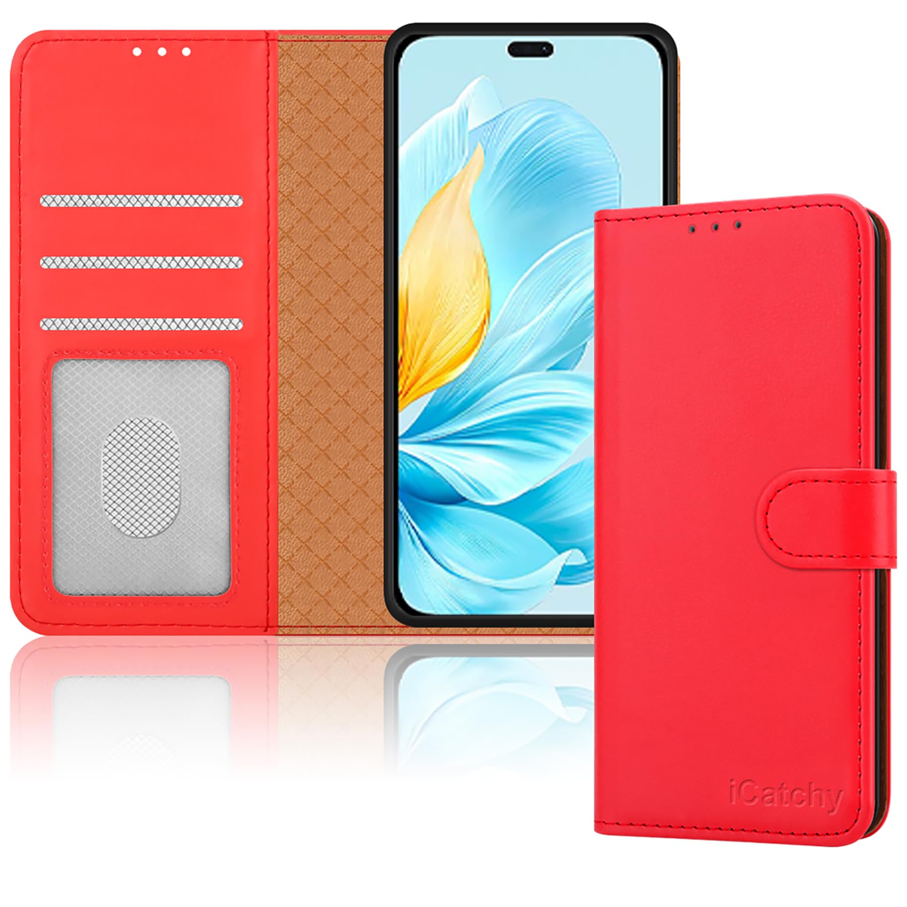iCatchy for Honor 200 Lite Case Shockproof Leather Wallet Book Flip Card Slots Kickstand Magnetic Closure RFID Blocking Cover for Honor 200 Lite Phone Case (Red)