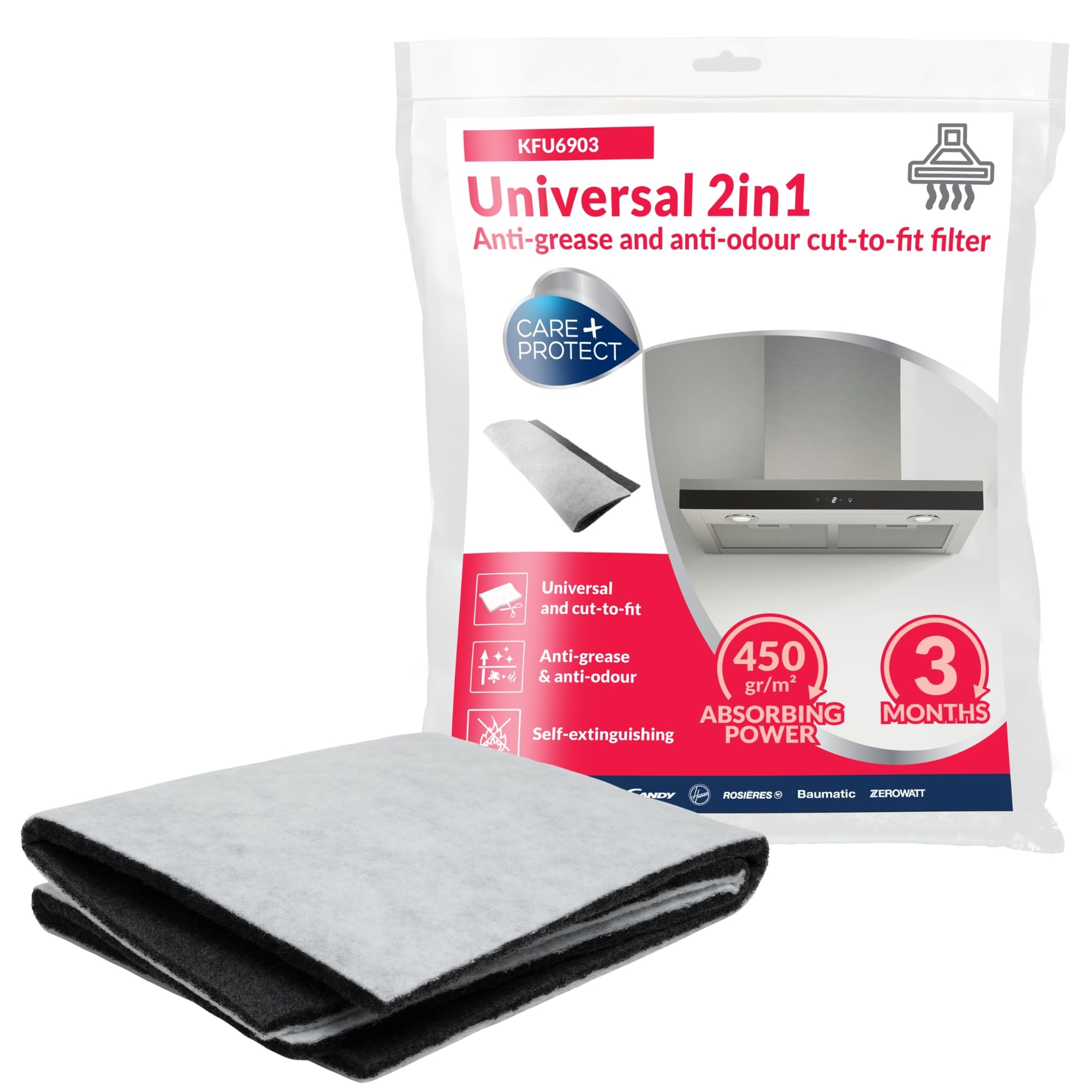 Care+Protect 2 in 1 Anti-Grease and Anti-Odour Filter for Hoods - Universal - Cut-to-Fit - High Absorption Power