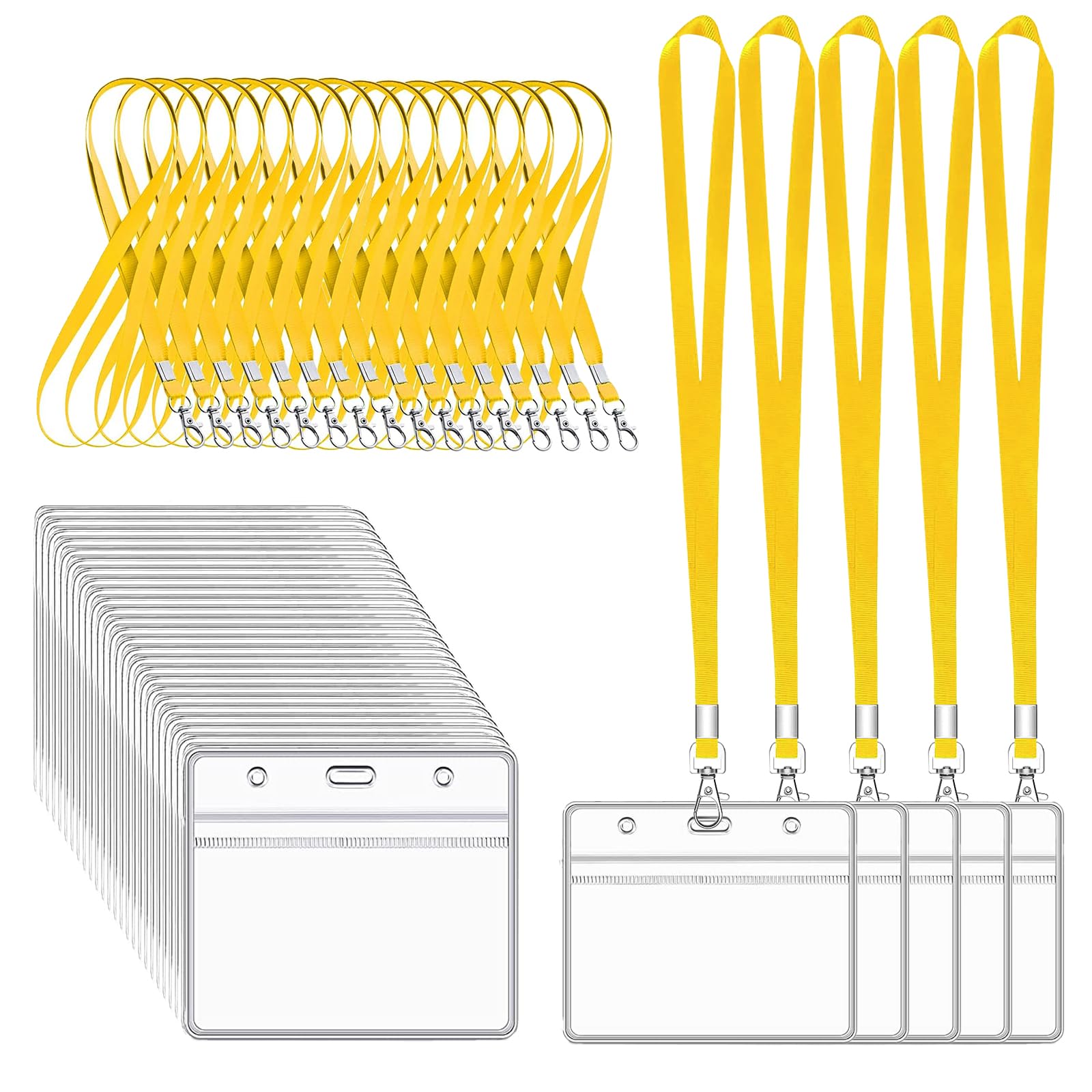 XHDA Yellow 30PCS Lanyards for Neck with 30PCS Card Holder, Lanyard with Clear Plastic Card Holder for ID Card and Staff