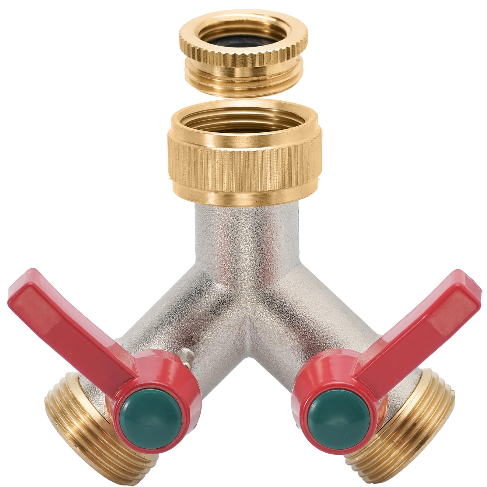 iBamso 2 Way Garden Hose Splitter, 1/2 inch and 3/4 inch Tap Y Splitter with On/Off Valves and Extended Handle, Solid Brass Nickel Plated Tap Y Splitter Hose Connector for Home Garden Outdoor