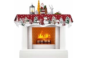 KEWADONY Christmas Snowman Fireplace Cover Mantel Scarf, Red Xmas Trees Winter Snowflake Snow Fireplace Scarves Mantel Shelf Top Scarf Table Runner for Christmas/Halloween/Thanksgiving Decor, 90" x 17"