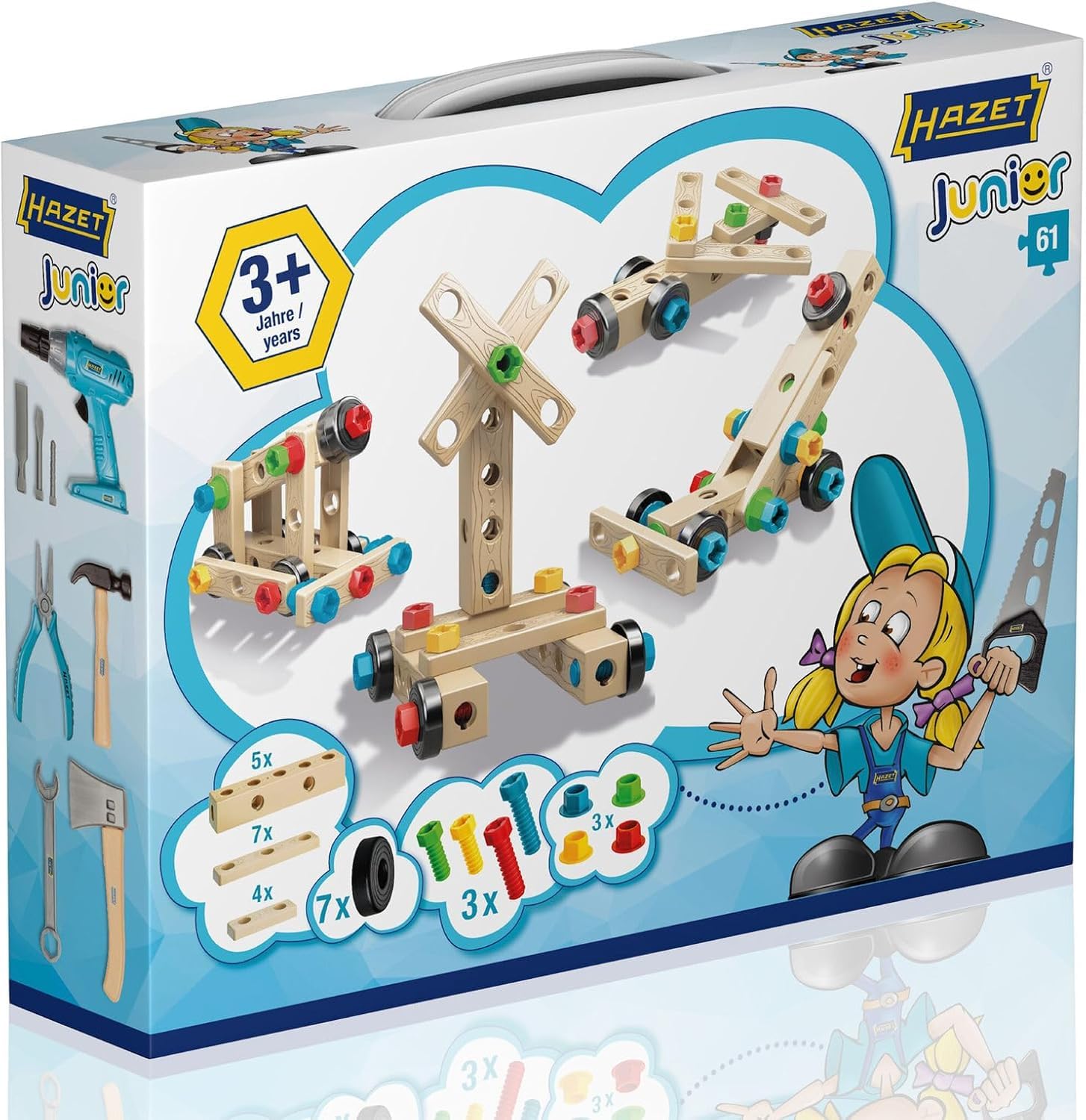 Hazet Juniortool1 Children's Junior Tool Toy Set I 61 Pieces Consisting of 14 Tools and Building Blocks Including Nuts and Screws I Tool Set for Children from 3 Years