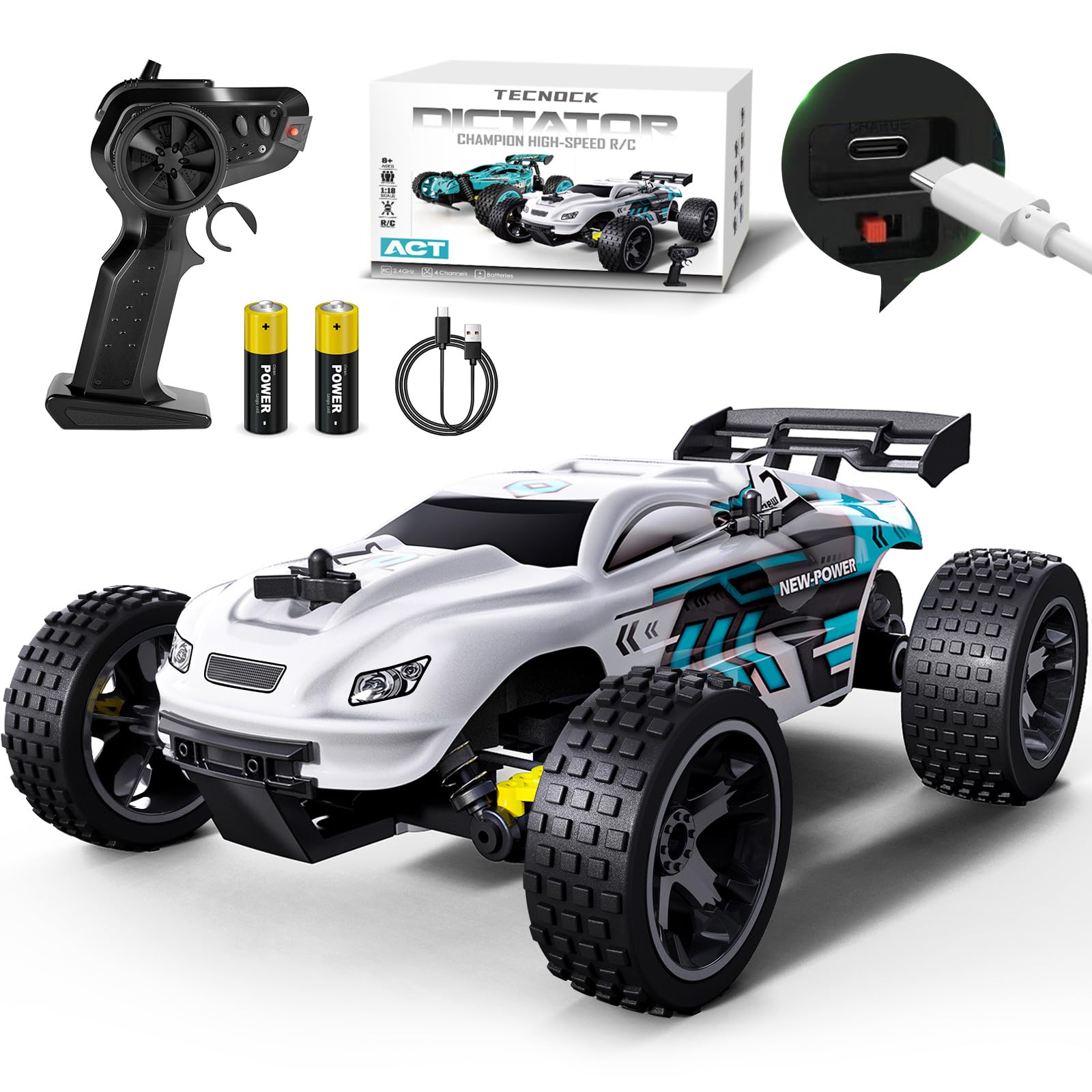 Tecnock RC Remote Control Car for Kids, 1:18 High Speed 20 KM/H 2WD RC Buggy, 2.4GHz Off Road Racing Car with Rechargeable Batteries, Gift for Boys and Girls