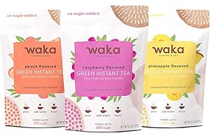 WAKA COFFEE Waka Instant Tea Mix, 3 Bag Bundle - 100% Tea Leaves, No Additives, Unsweetened Tea Powders - Peach Flavored, Raspberry Flavored, Pineapple Flavored Green (4.5oz Each)
