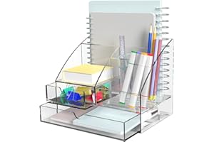 BANSHOU Upgraded Desk Organizer Office Accessories, Acrylic-Functional Desk Organizer with 5 Compartments and 2 Drawer for Home, Office, School, Workshop, kitchen (Clear)