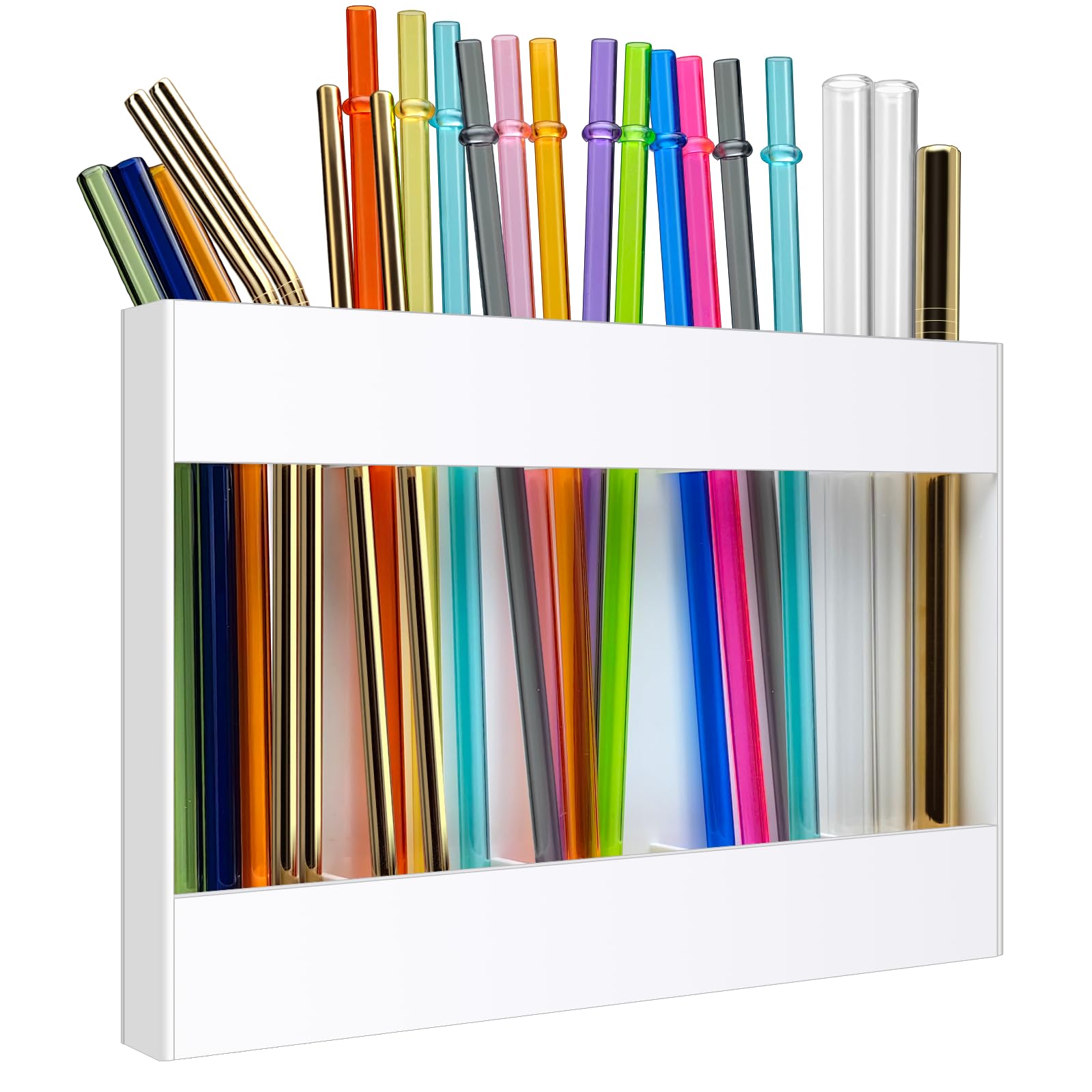 Photo 1 of Acrylic Straw Holder, Cabinet Straw Organizer with Double Sided Adhesive Tape, Tall Drinking Straws Dispensers, Reusable Straws Storage Container for Cupboard, Kitchen Counter (Adhesive, White)