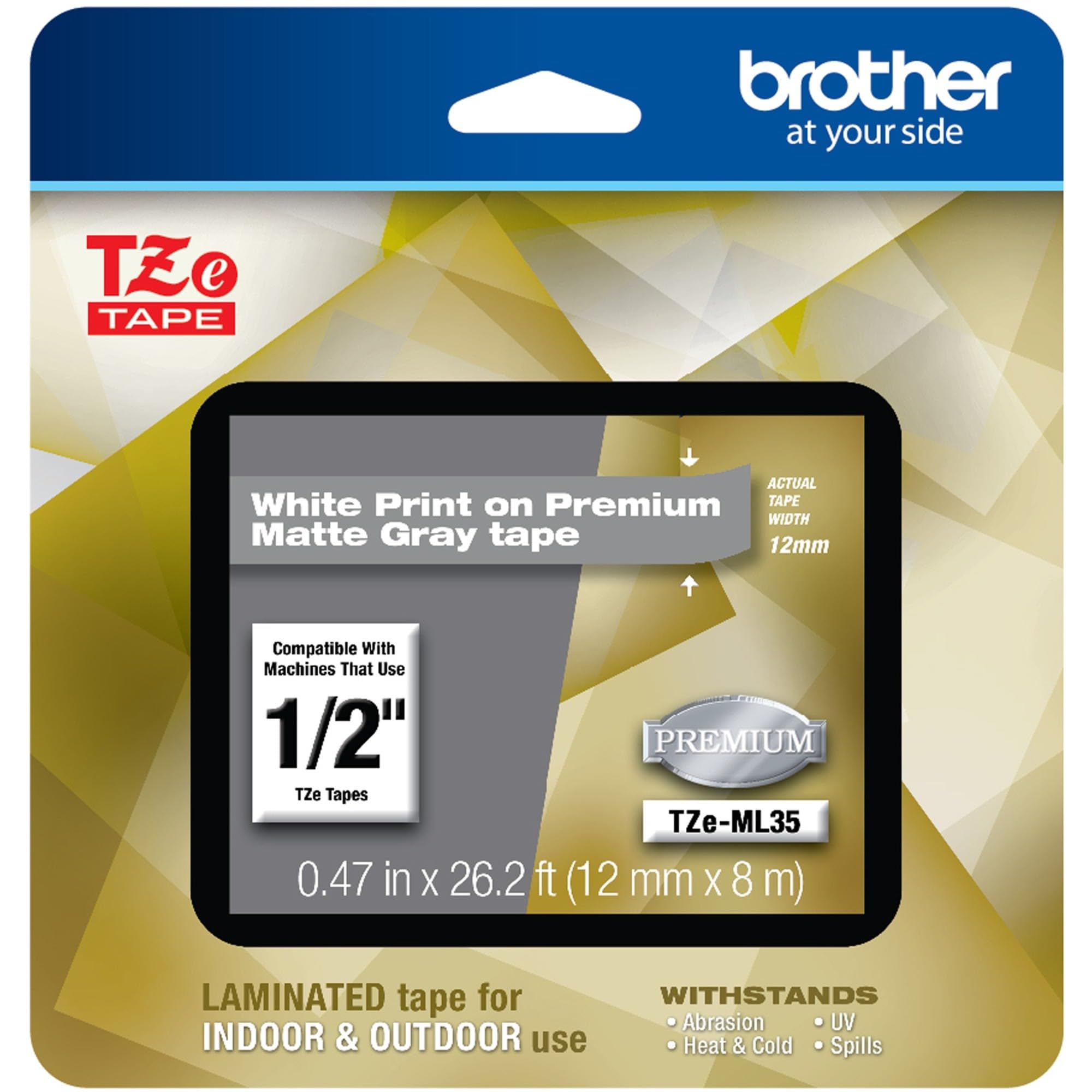 P-Touch TZe-ML35 White Print on Premium Matte Gray Laminated Tape 12mm (0.47”) Wide x 8m (26.2’) Long, TZEML35