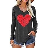 Boikukx Valentine V Neck Shirt for Women Cute Love Heart Long Sleeve Casual Tee Tops